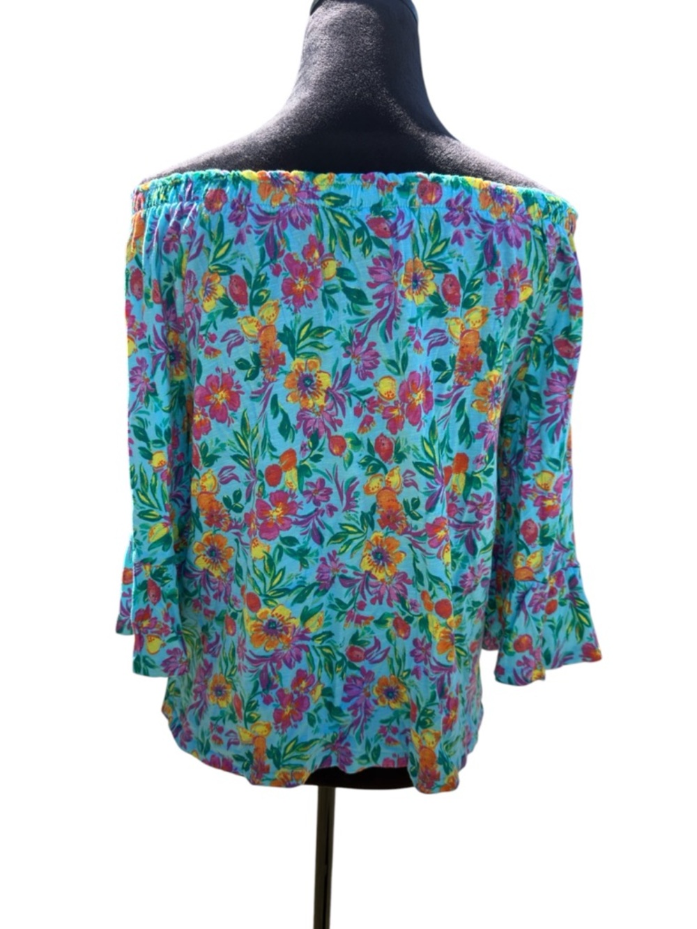 Stella Parker Teal Floral Off the Shoulder Cotton Blouse Ruffle Sleeve Large - Picture 9 of 9